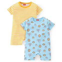 Babyhug 100% Cotton Half Sleeves Romper With Animals Print & Striped Pack Of 2 - Blue & Yellow