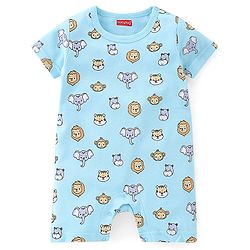 Babyhug 100% Cotton Half Sleeves Romper With Animals Print & Striped Pack Of 2 - Blue & Yellow
