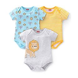 Babyhug 100% Cotton Knit Half Sleeves Onesies Striped & Animal Print Pack of 3 - Blue Yellow & Grey