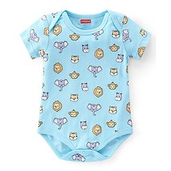 Babyhug 100% Cotton Knit Half Sleeves Onesies Striped & Animal Print Pack of 3 - Blue Yellow & Grey