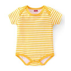 Babyhug 100% Cotton Knit Half Sleeves Onesies Striped & Animal Print Pack of 3 - Blue Yellow & Grey