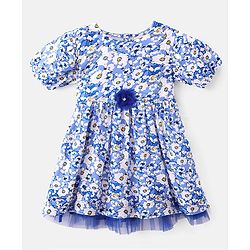 Babyhug Rayon Woven Knit Half Sleeves Frock Floral Print - White & Blue