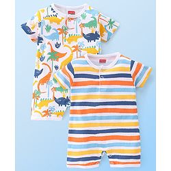 Babyhug 100% Cotton Interlock Knit Half Sleeves Romper Stripes & Dino Print Pack Of 2 - Multicolor