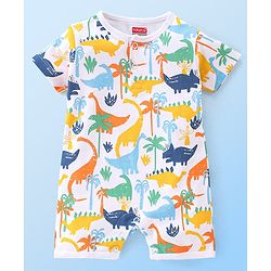 Babyhug 100% Cotton Interlock Knit Half Sleeves Romper Stripes & Dino Print Pack Of 2 - Multicolor