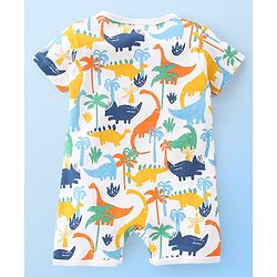 Babyhug 100% Cotton Interlock Knit Half Sleeves Romper Stripes & Dino Print Pack Of 2 - Multicolor