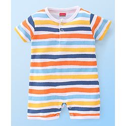 Babyhug 100% Cotton Interlock Knit Half Sleeves Romper Stripes & Dino Print Pack Of 2 - Multicolor