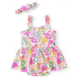 Babyhug 100% Cotton Sleeveless Frock Style Onesies With Beach Theme Print - White