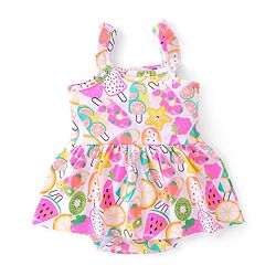 Babyhug 100% Cotton Sleeveless Frock Style Onesies With Beach Theme Print - White