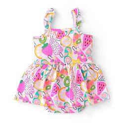 Babyhug 100% Cotton Sleeveless Frock Style Onesies With Beach Theme Print - White