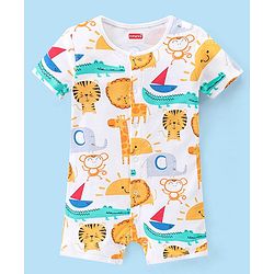 Babyhug 100% Cotton Knit Half Sleeves Romper Striped & Animal Print Pack of 2 - Multicolor