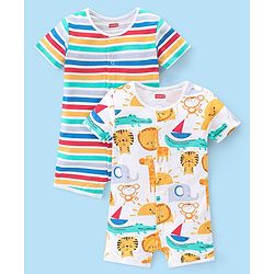 Babyhug 100% Cotton Knit Half Sleeves Romper Striped & Animal Print Pack of 2 - Multicolor