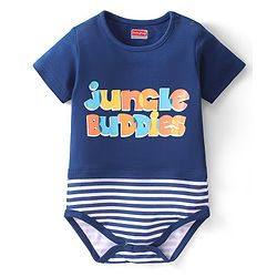 Babyhug 100% Cotton Knit Half Sleeves Onesie Text Print - Navy Blue