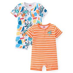 Babyhug 100% Cotton Knit Half Sleeves Rompers With Striped & Palms Tree Print Pack Of 2 - White Blue & Orange