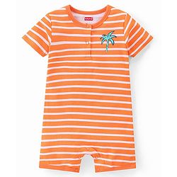 Babyhug 100% Cotton Knit Half Sleeves Rompers With Striped & Palms Tree Print Pack Of 2 - White Blue & Orange