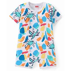 Babyhug 100% Cotton Knit Half Sleeves Rompers With Striped & Palms Tree Print Pack Of 2 - White Blue & Orange