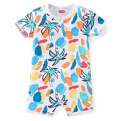 Babyhug 100% Cotton Knit Half Sleeves Rompers With Striped & Palms Tree Print Pack Of 2 - White Blue & Orange