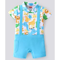 Babyhug 100% Cotton Knit Half Sleeves Romper Giraffe Print - Blue