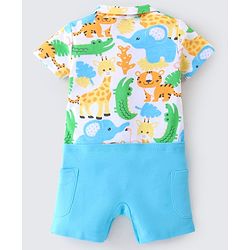Babyhug 100% Cotton Knit Half Sleeves Romper Giraffe Print - Blue