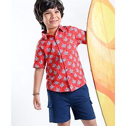 Babyhug Single Jersey Cotton Knit Half Sleeves Trees Printed Shirt & Shorts Set - Red & Blue