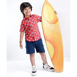Babyhug Single Jersey Cotton Knit Half Sleeves Trees Printed Shirt & Shorts Set - Red & Blue
