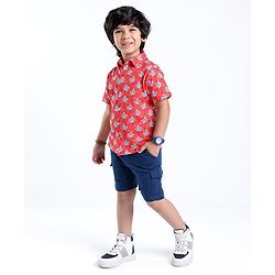 Babyhug Single Jersey Cotton Knit Half Sleeves Trees Printed Shirt & Shorts Set - Red & Blue