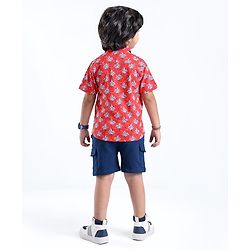 Babyhug Single Jersey Cotton Knit Half Sleeves Trees Printed Shirt & Shorts Set - Red & Blue