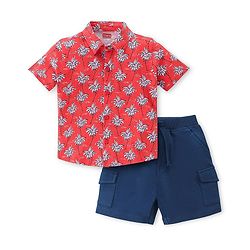 Babyhug Single Jersey Cotton Knit Half Sleeves Trees Printed Shirt & Shorts Set - Red & Blue