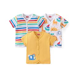 Babyhug 100% Cotton Interlock Front Open Vest Elephant Print Pack of 3 - Yellow & White