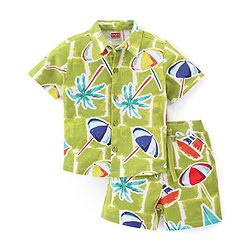 Babyhug Single Jersey Knit Half Sleeves Shirt & Shorts Beach Print - Green