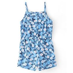 Babyhug 100% Cotton Knit Single Jersey Singlet Sleeve Jumpsuit With Floral Print - Blue