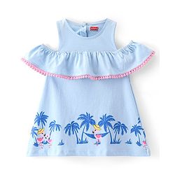 Babyhug Single Jersey Knit Cold Shoulder Frock With Flamingo Print - Blue