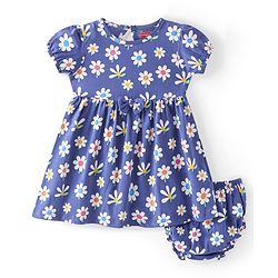 Babyhug Single Jersey Knit Half Sleeves Frock with Bloomer & Bow Floral Print - Navy Blue