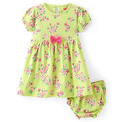 Babyhug Single Jersey Knit Floral Printed Frock with Bloomer & Bow Applique - Yellow