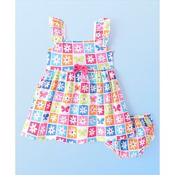 Babyhug Single Jersey Knit Frill Sleeves  Frock with Bloomer Floral Print - White