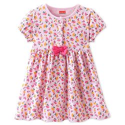 Babyhug Single Jersey Knit Half Sleeves Frock with Floral Print & Bow Applique - Pink