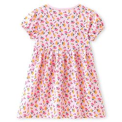 Babyhug Single Jersey Knit Half Sleeves Frock with Floral Print & Bow Applique - Pink