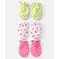 Babyhug 100% Cotton Mittens Heart & Strawberry Print Pack of 3 - Multicolour