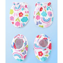 Babyhug 100% Cotton Knit Floral Print Mittens and Booties - Multicolor