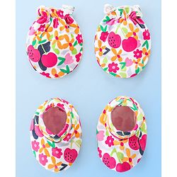 Babyhug 100% Cotton Knit Floral Print Mittens and Booties - Multicolor