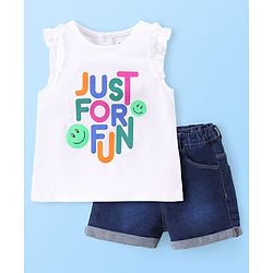 Babyhug 100% Cotton Knit Sleeveless Top & Denim Shorts With Text Print - White & Blue