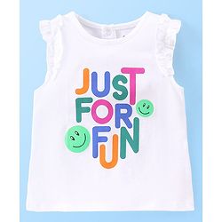 Babyhug 100% Cotton Knit Sleeveless Top & Denim Shorts With Text Print - White & Blue