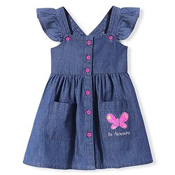 Babyhug Denim Woven Sleeveless Frock Sequined Butterfly Design - Blue