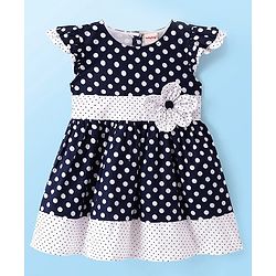 Babyhug Rayon Woven Knit Cap Sleeves Frock Polka Dots Print - Navy Blue