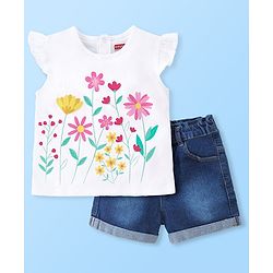 Babyhug 100% Cotton Knit Cap Sleeves Top & Denim Shorts With Floral Print - White & Blue