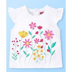 Babyhug 100% Cotton Knit Cap Sleeves Top & Denim Shorts With Floral Print - White & Blue