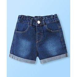 Babyhug 100% Cotton Knit Cap Sleeves Top & Denim Shorts With Floral Print - White & Blue