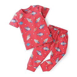 Babyhug Cotton Knit Single Jersey Half Sleeves Night Suit With Rocket Print - Red