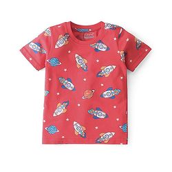 Babyhug Cotton Knit Single Jersey Half Sleeves Night Suit With Rocket Print - Red