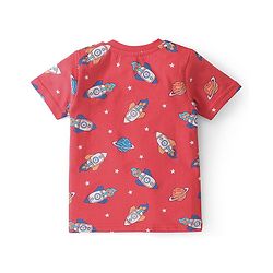 Babyhug Cotton Knit Single Jersey Half Sleeves Night Suit With Rocket Print - Red