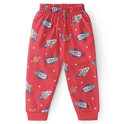 Babyhug Cotton Knit Single Jersey Half Sleeves Night Suit With Rocket Print - Red